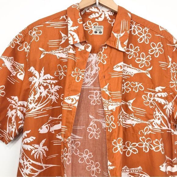 Columbia Orange Tropical Fish Cotton Button Down Short Sleeve Shirt - Picture 9 of 16